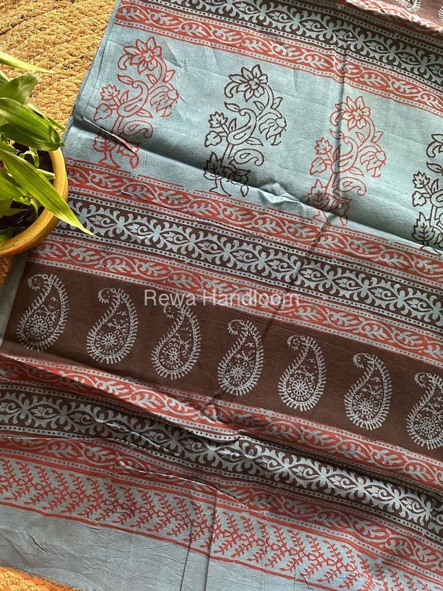Teal Blue Bagh Print Cotton Saree NCBP12