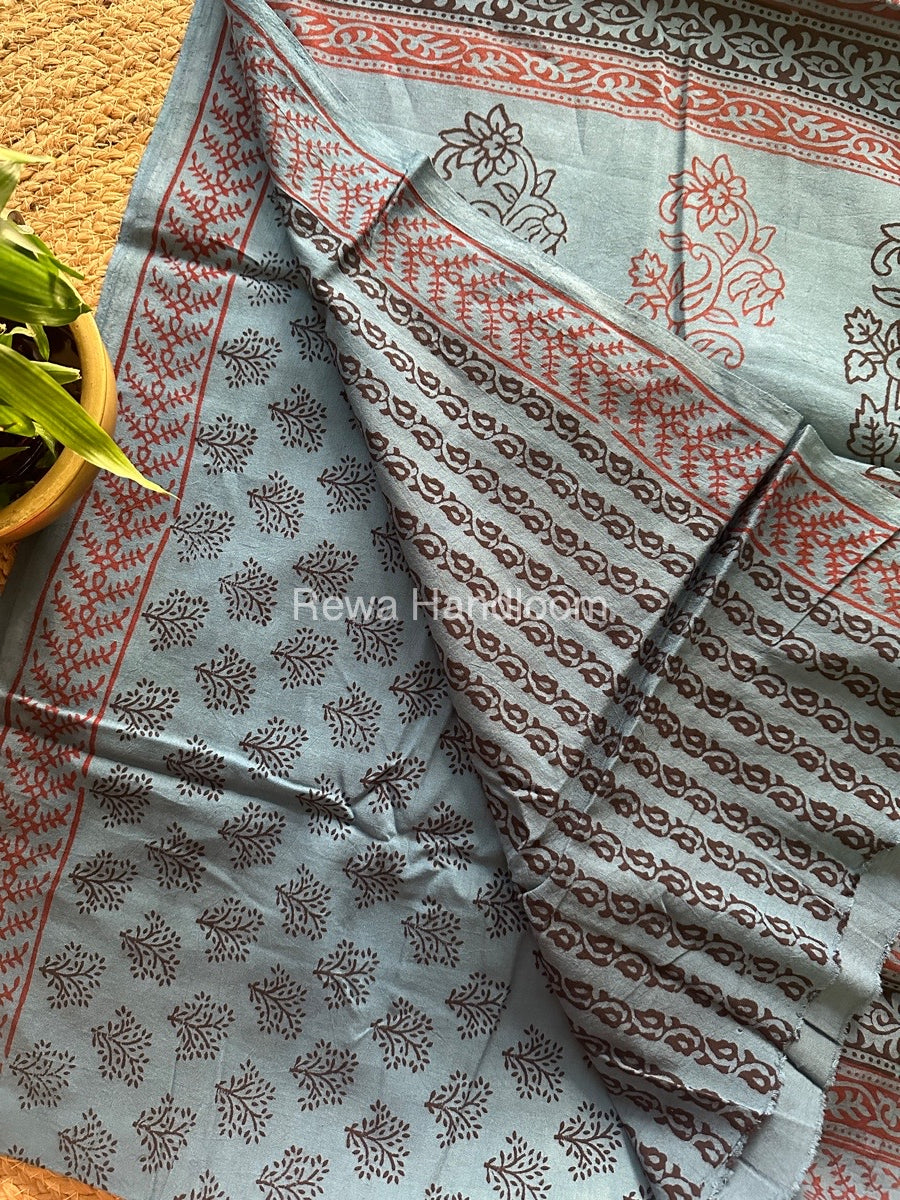 Teal Blue Bagh Print Cotton Saree NCBP12