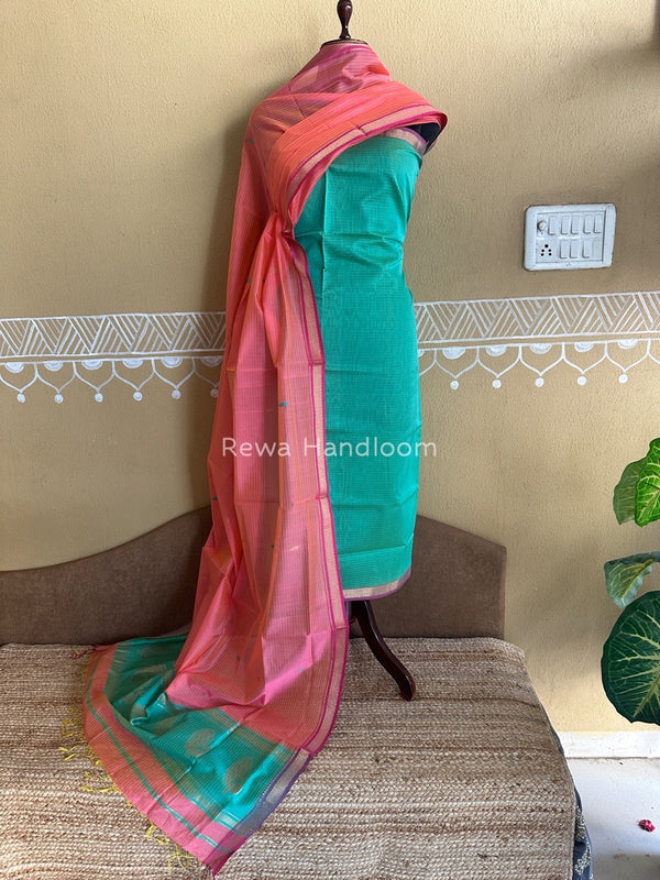 Maheshwari Sea Green-Fuchsia Pink Motifs Top-Dupatta Set PST0131