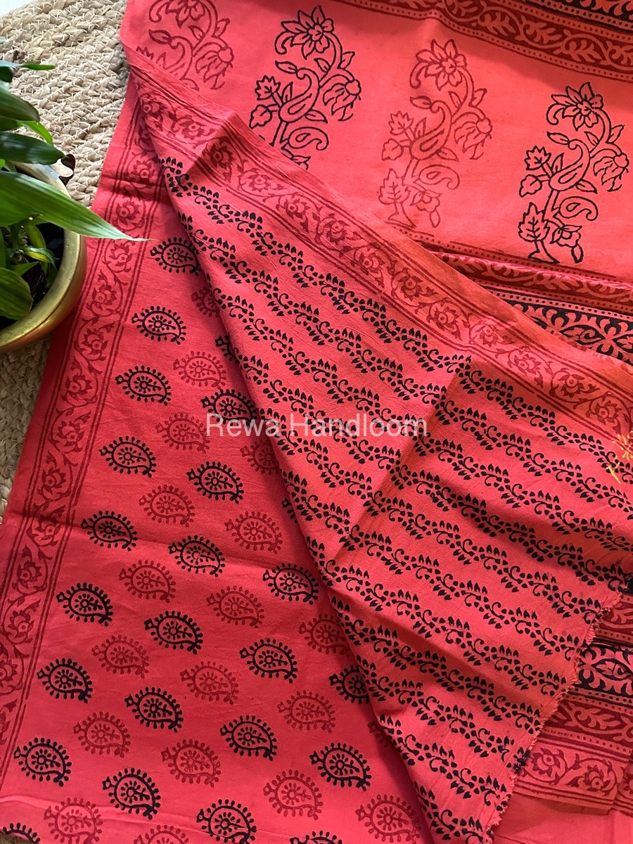 Orange Peach Bagh Print Cotton Saree NCBP40