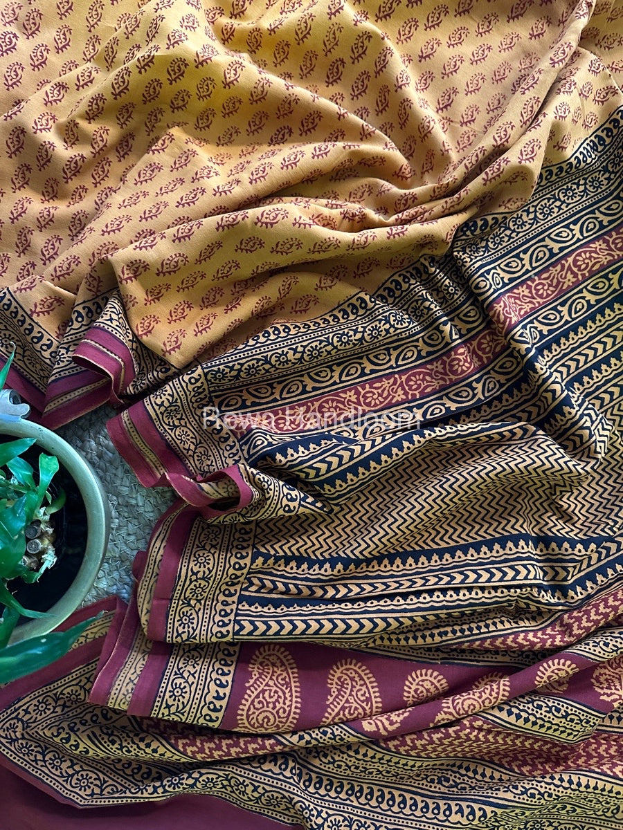 Yellow Bagh Print Cotton Saree NCBP38