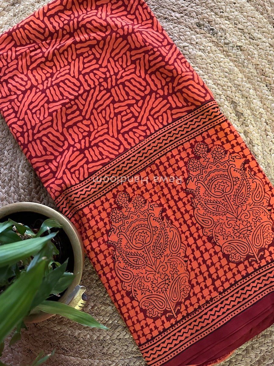 Orange Bagh Print Cotton Saree NCBP22