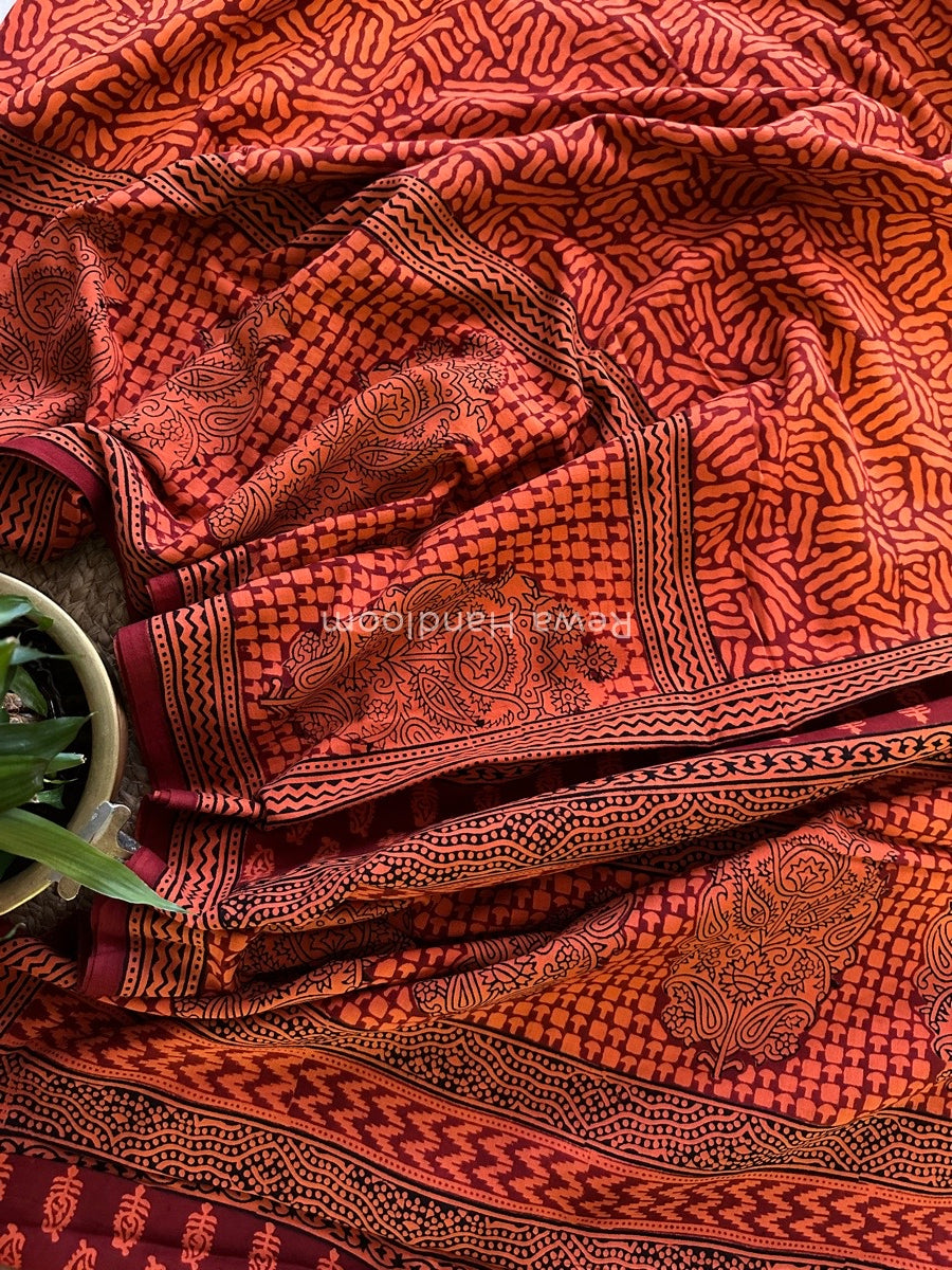 Orange Bagh Print Cotton Saree NCBP22