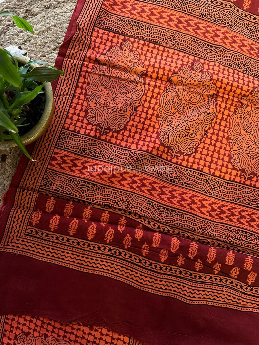 Orange Bagh Print Cotton Saree NCBP22