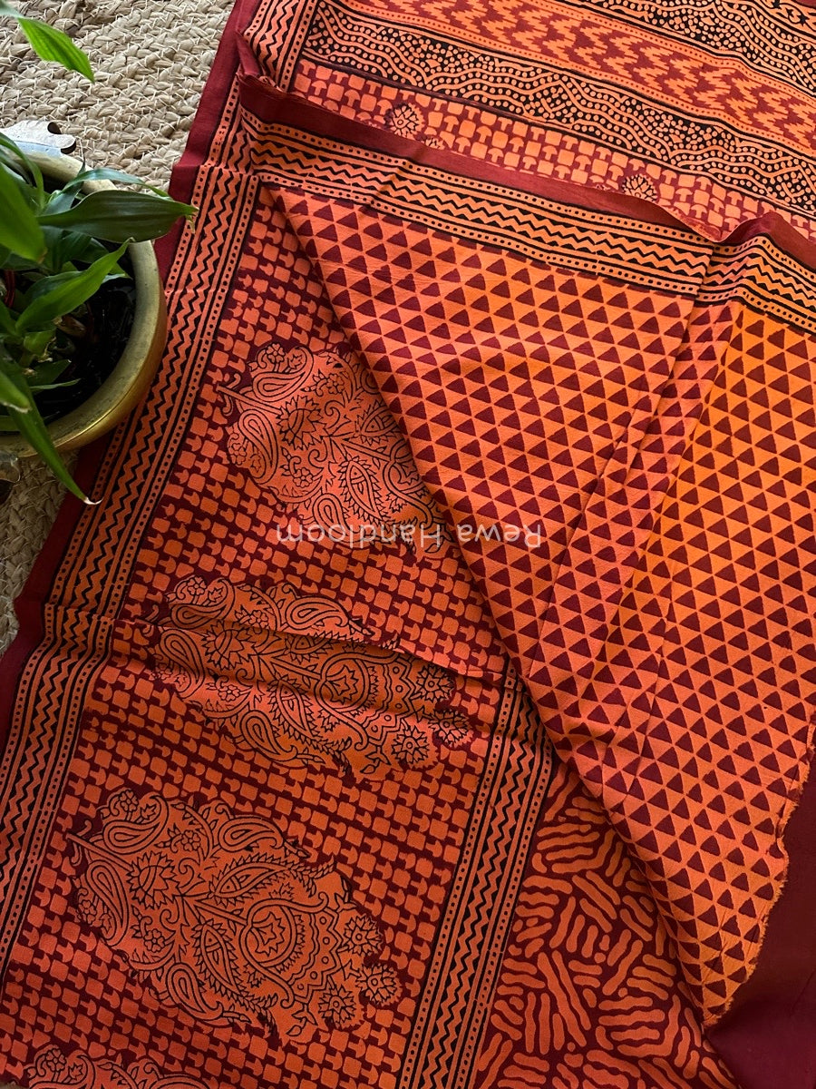 Orange Bagh Print Cotton Saree NCBP22