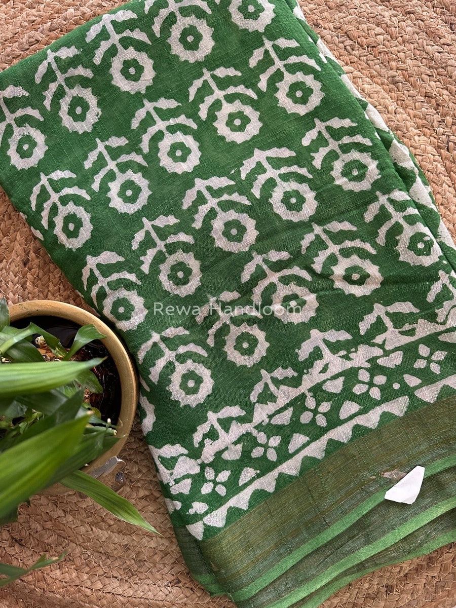 Green Cotton Linen Saree LS016
