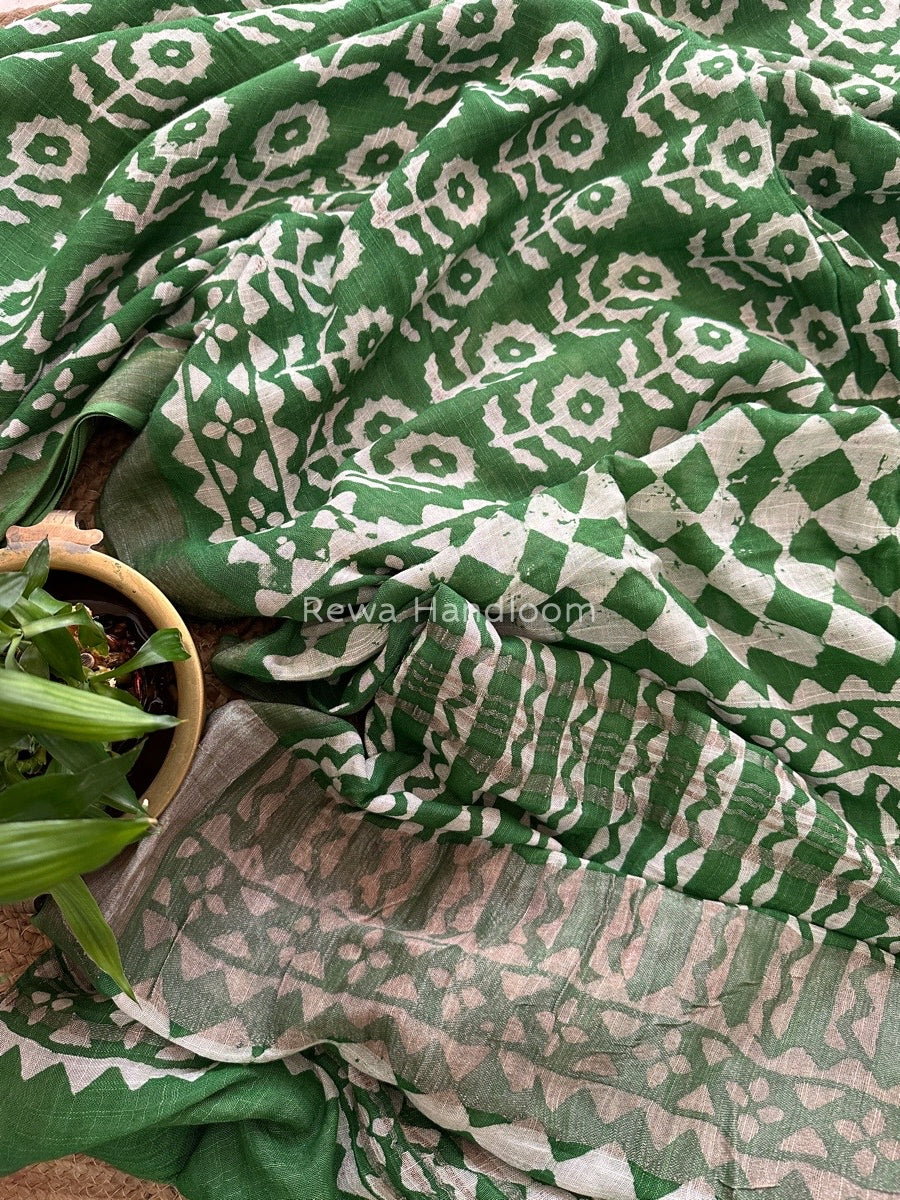 Green Cotton Linen Saree LS016