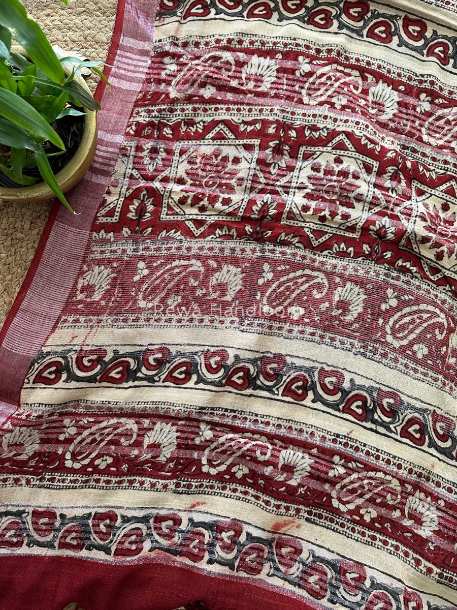 Beige-Maroon Cotton Linen Saree LS013