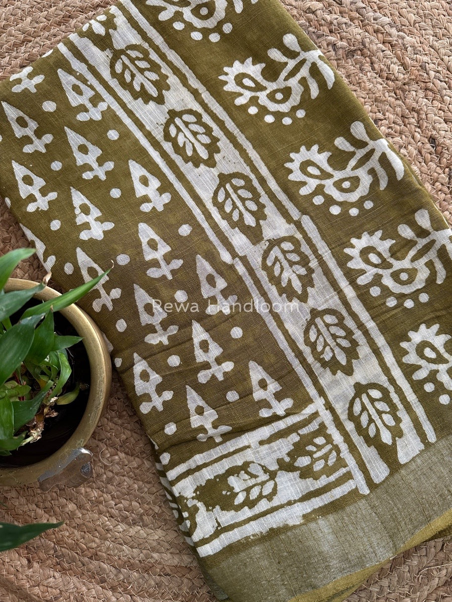 Green Cotton Linen Saree LS09