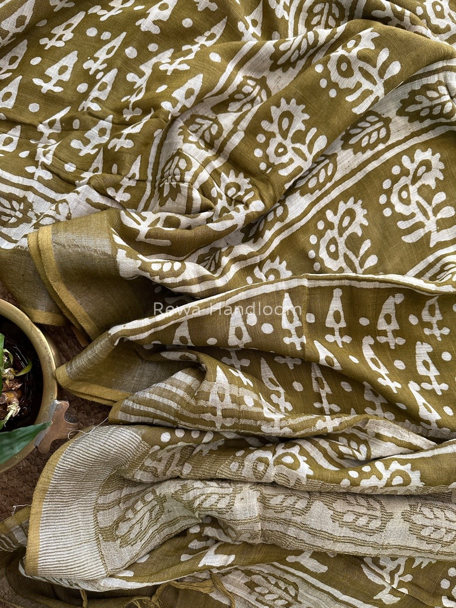 Green Cotton Linen Saree LS09