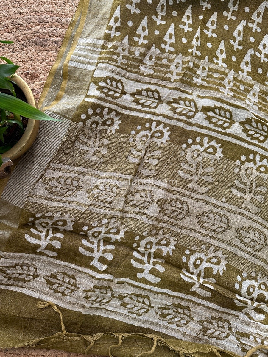 Green Cotton Linen Saree LS09