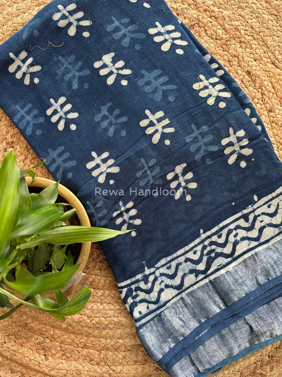 Blue Cotton Linen Saree LS014