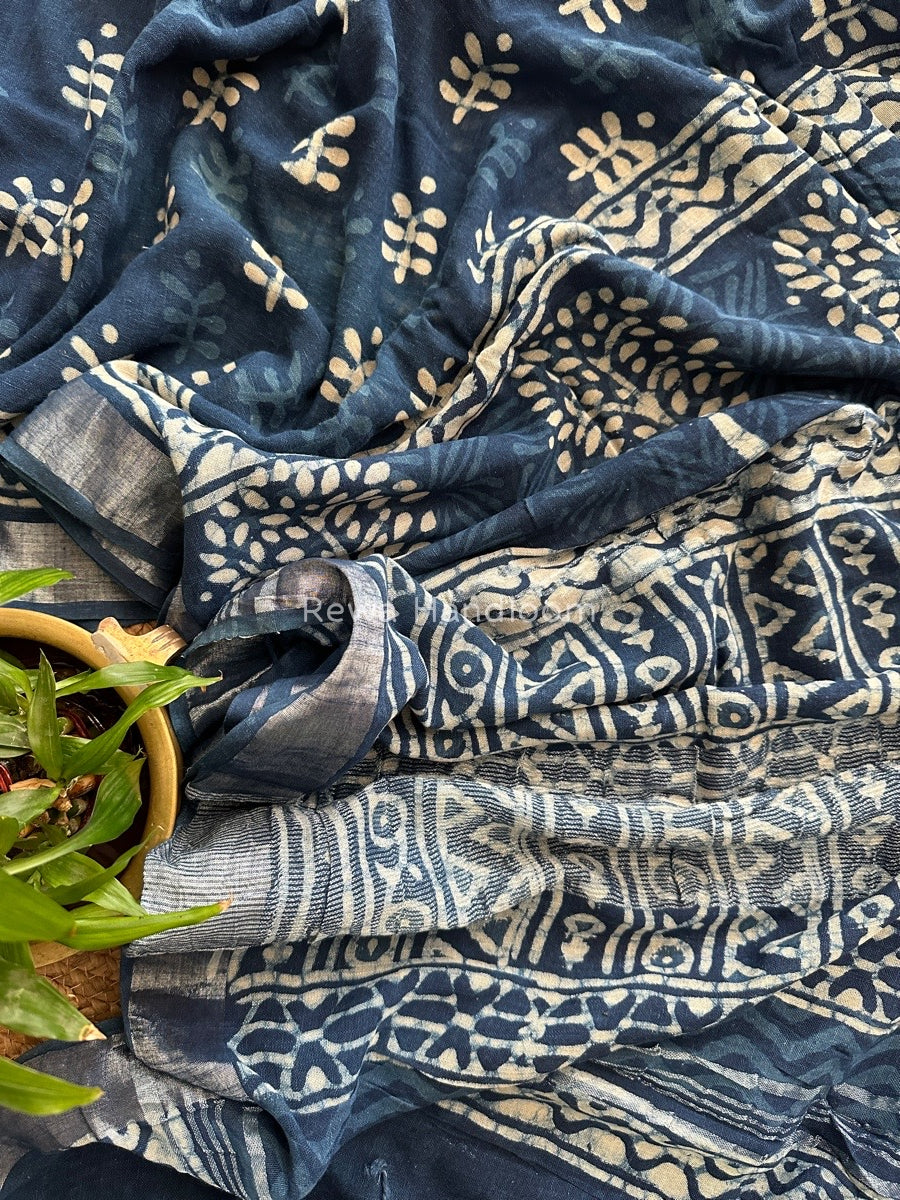 Blue Cotton Linen Saree LS014