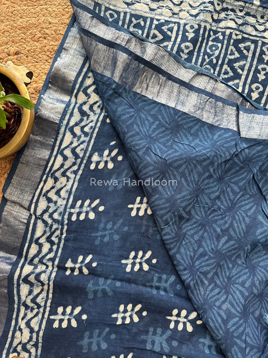 Blue Cotton Linen Saree LS014