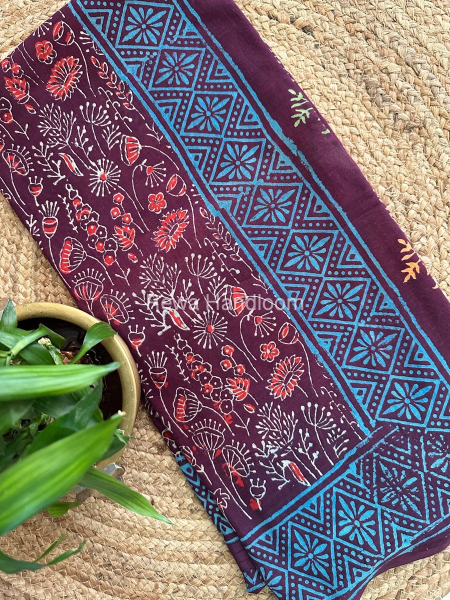 Wine Cotton Printed Saree CS026