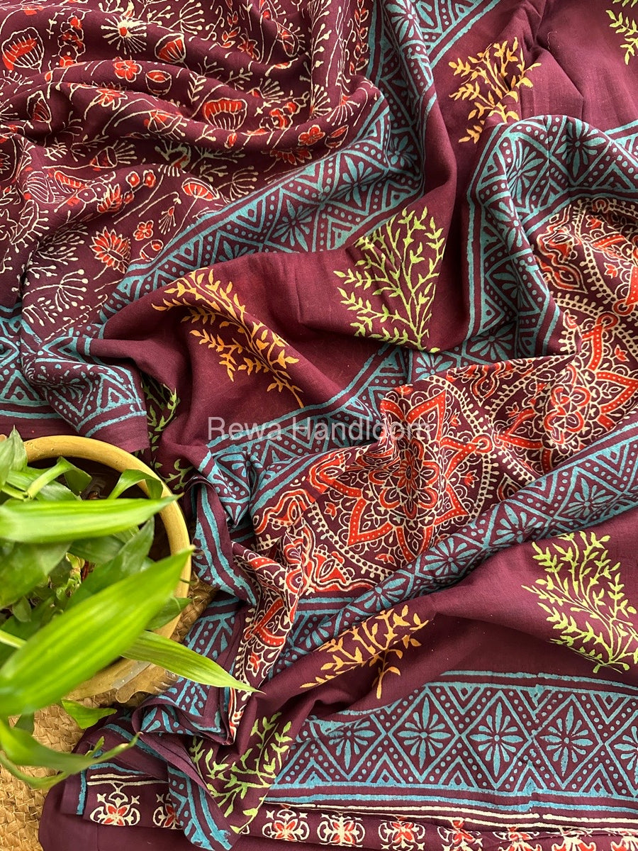 Wine Cotton Printed Saree CS026