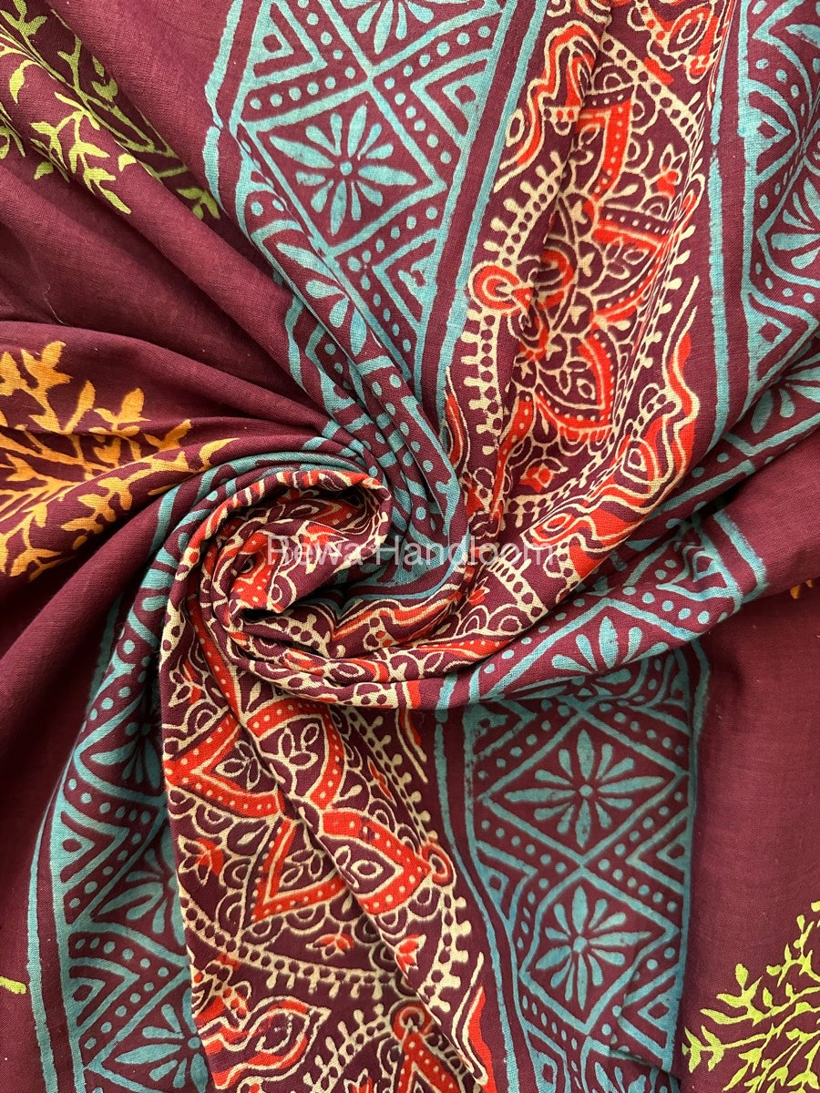 Wine Cotton Printed Saree CS026