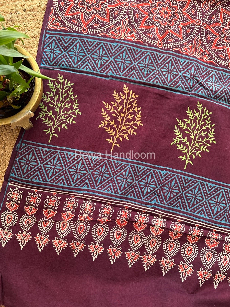 Wine Cotton Printed Saree CS026