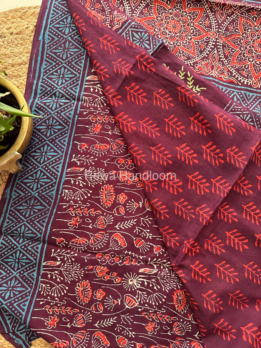 Wine Cotton Printed Saree CS026