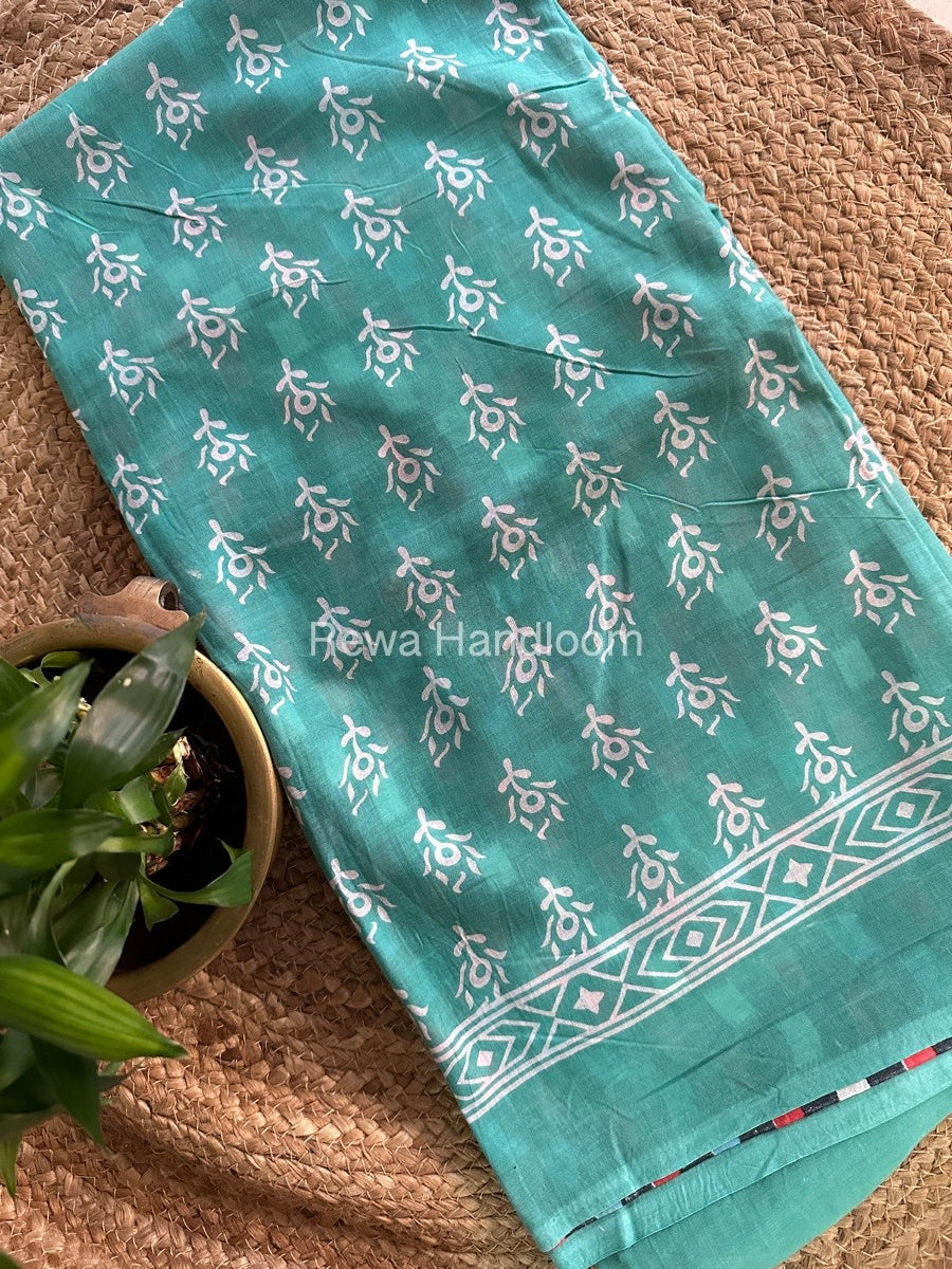 Aqua Green Cotton Printed Saree CS018