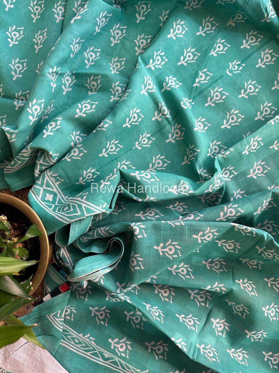 Aqua Green Cotton Printed Saree CS018