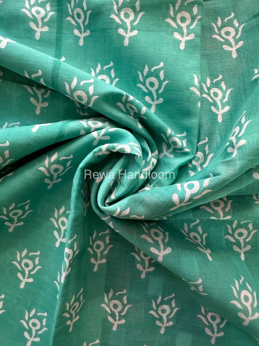 Aqua Green Cotton Printed Saree CS018