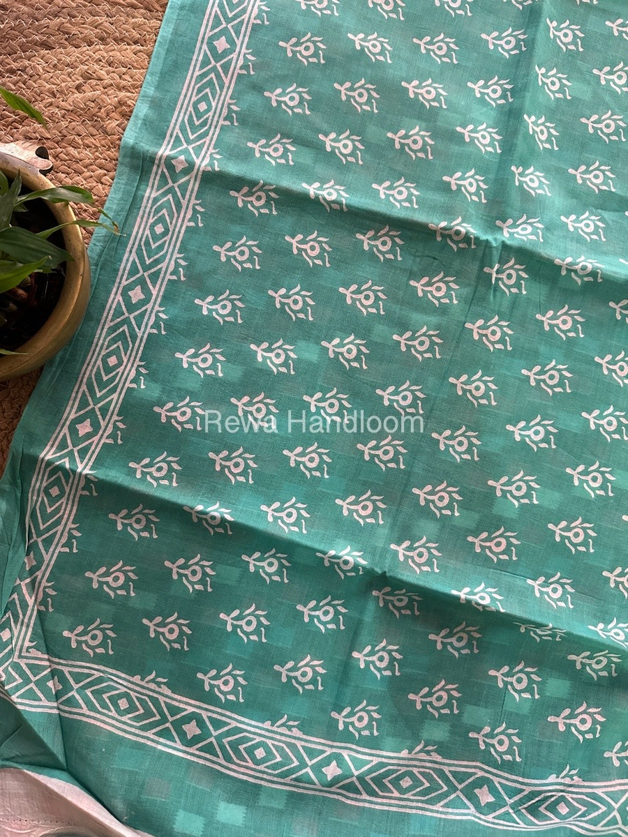 Aqua Green Cotton Printed Saree CS018