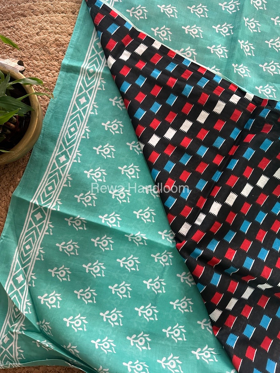 Aqua Green Cotton Printed Saree CS018