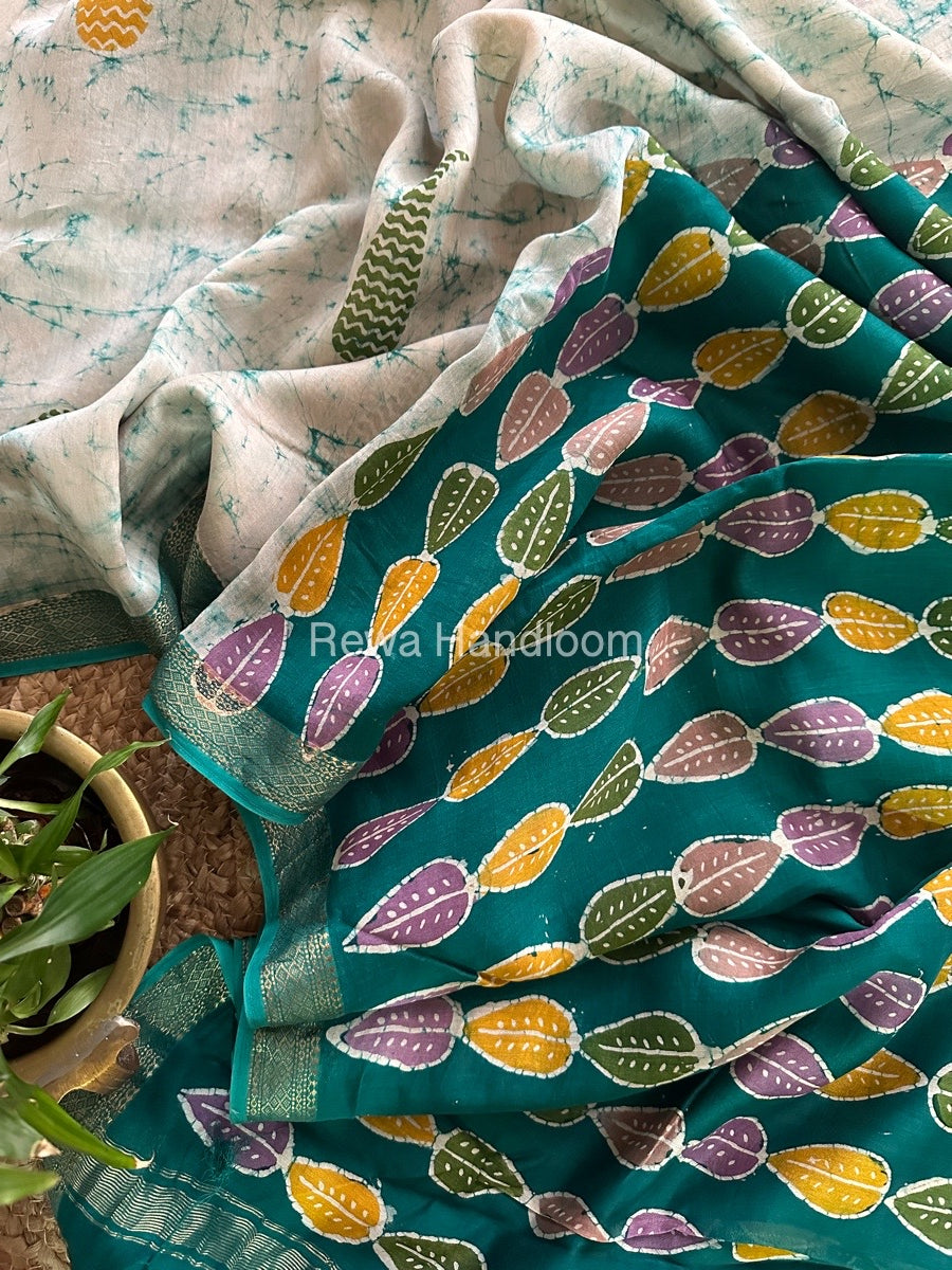 Maheshwari Sea Green Batik Indonesian Print Saree IBS029