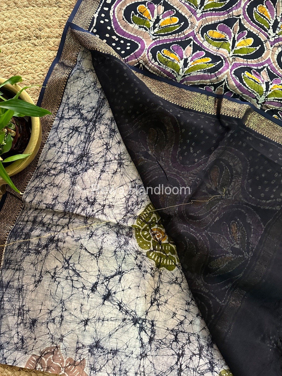 Maheshwari Navy Blue Batik Indonesian Print Saree IBS027