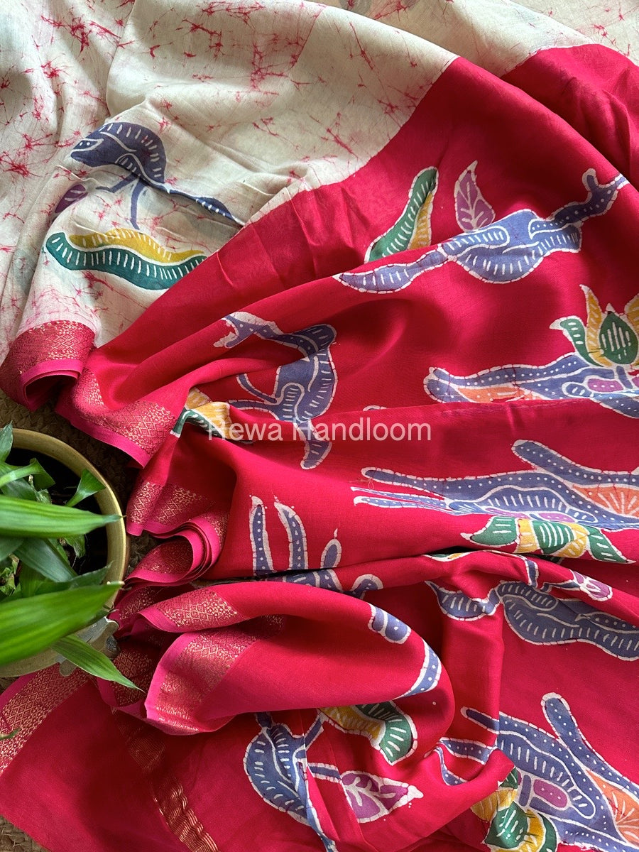 Maheshwari Dark Pink Batik Indonesian Print Saree IBS024