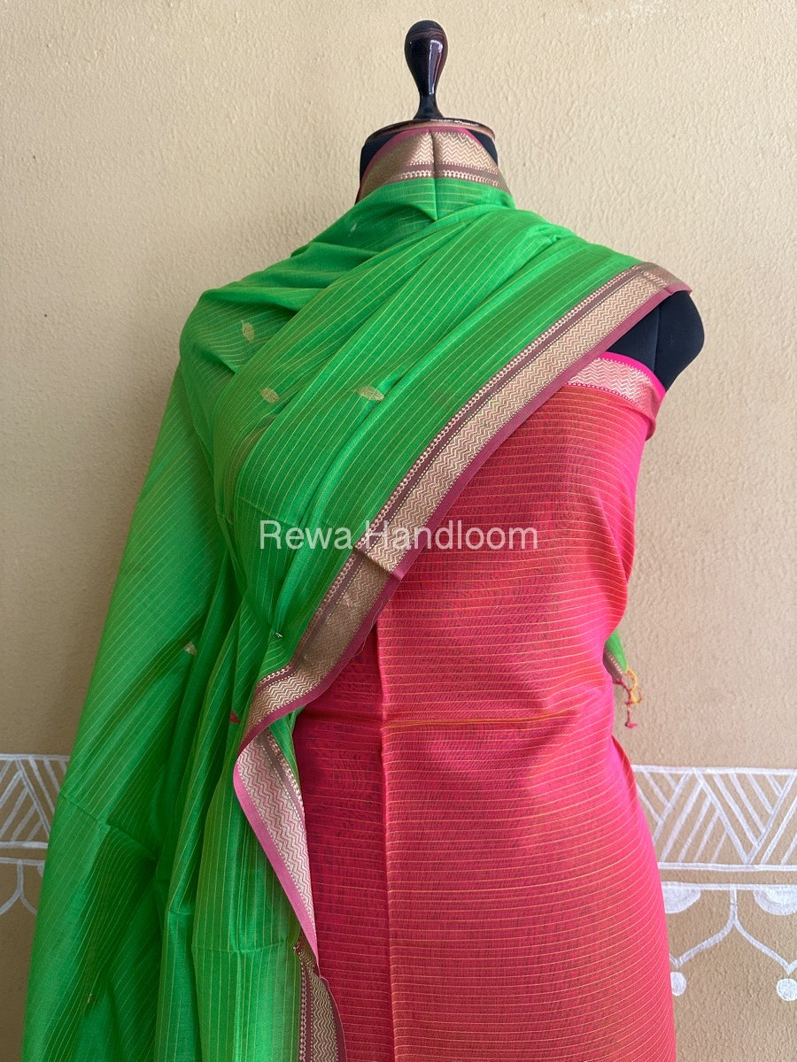 Maheshwari Rust Orange-Parrot Green Motifs Top-Dupatta Set PST052