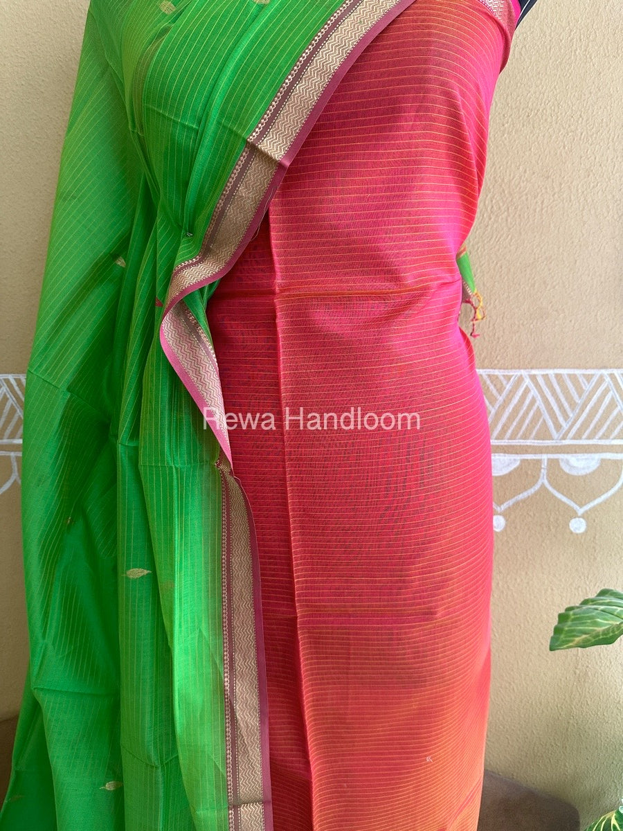 Maheshwari Rust Orange-Parrot Green Motifs Top-Dupatta Set PST052