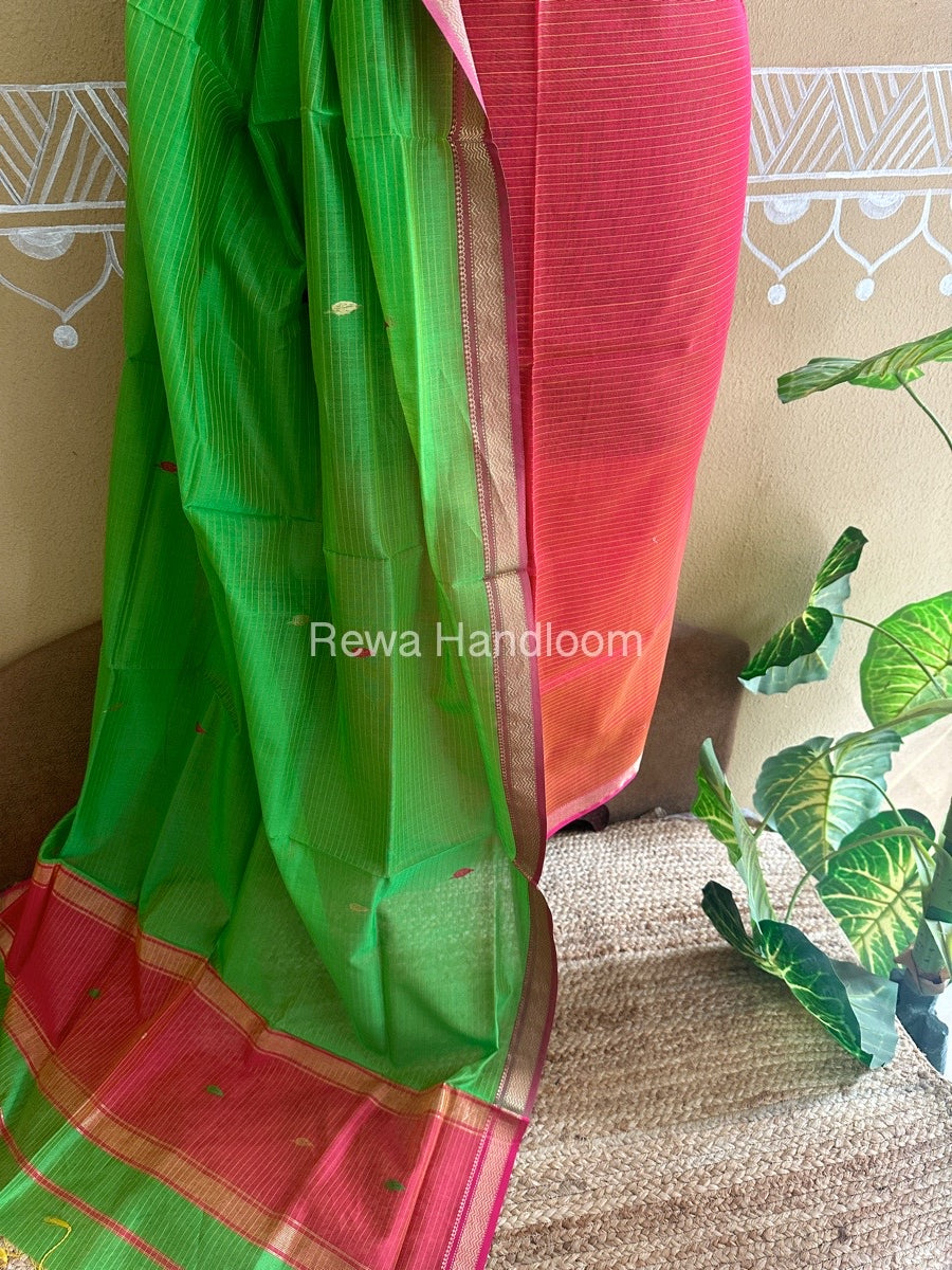 Maheshwari Rust Orange-Parrot Green Motifs Top-Dupatta Set PST052