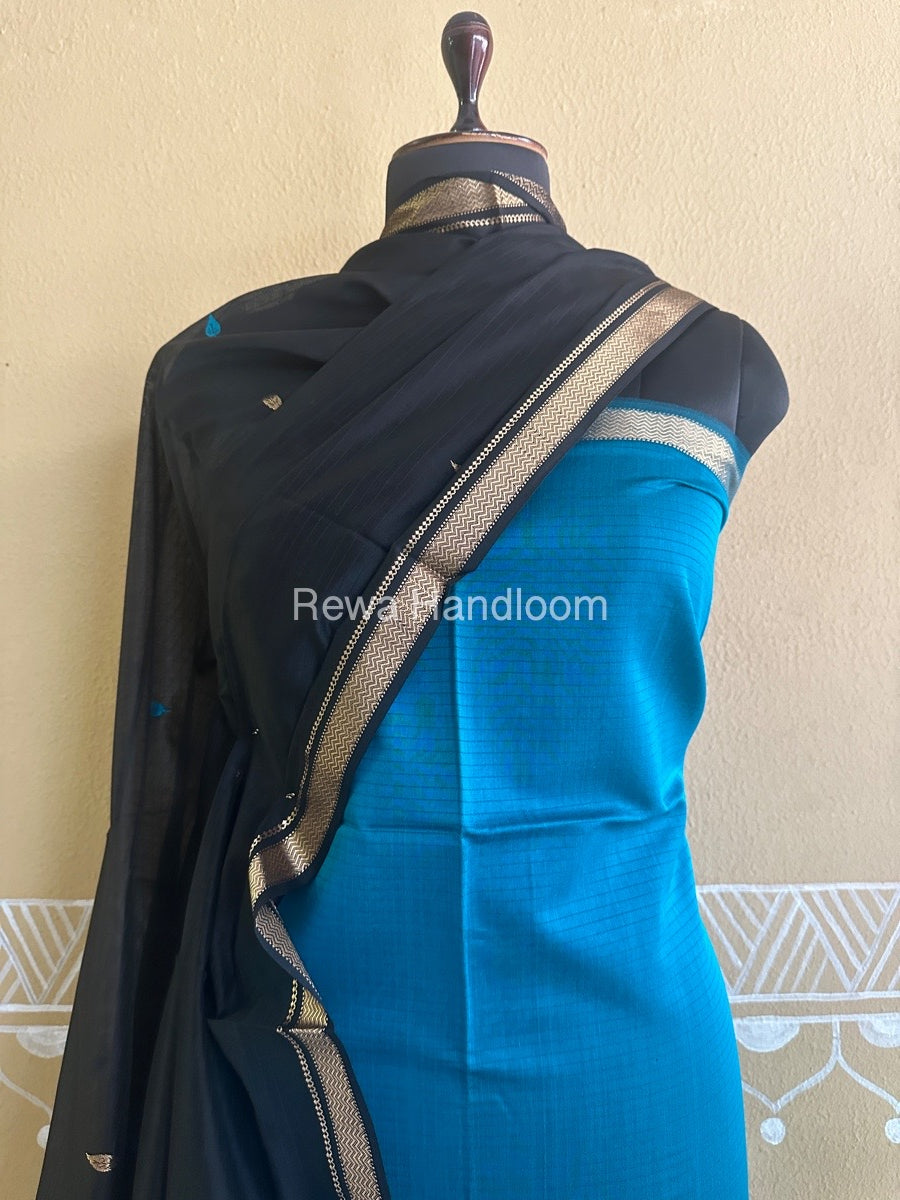 Maheshwari Rama Green-Black Motifs Top-Dupatta Set-PST040
