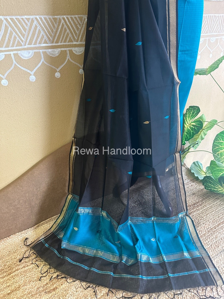 Maheshwari Rama Green-Black Motifs Top-Dupatta Set-PST040
