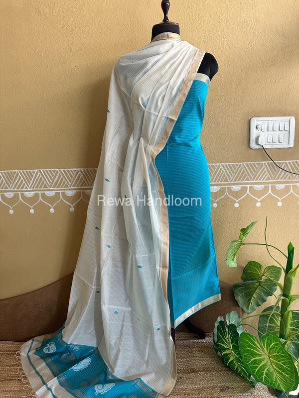 Maheshwari Firozi Blue-White Peacock Buta-Buti Top-Dupatta Set BTP0268