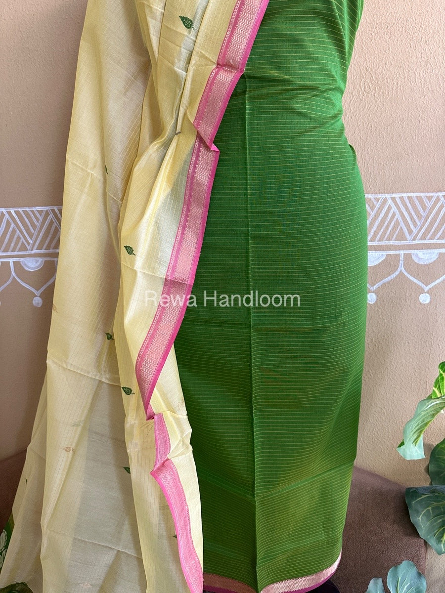 Maheshwari Green-Yellow Peacock Buta-Buti Top-Dupatta Set-BTP025