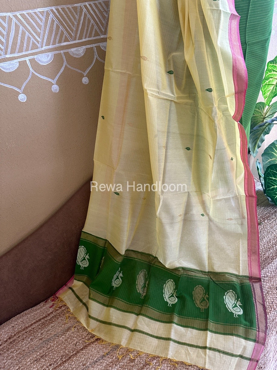 Maheshwari Green-Yellow Peacock Buta-Buti Top-Dupatta Set-BTP025