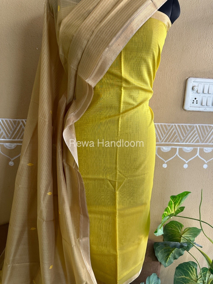 Maheshwari Mustard Yellow-Beige Peacock Buta-Buti Top-Dupatta Set BTP0273