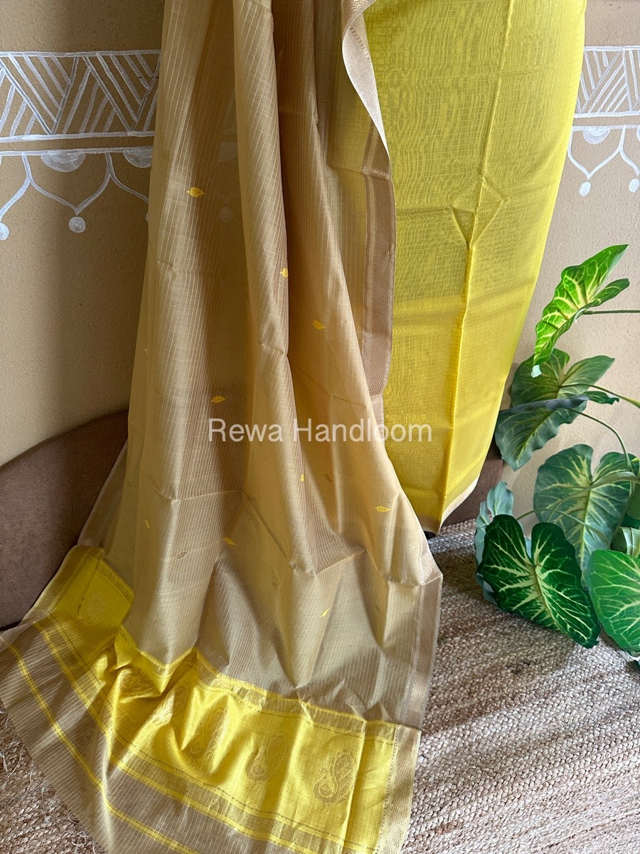 Maheshwari Mustard Yellow-Beige Peacock Buta-Buti Top-Dupatta Set BTP0273