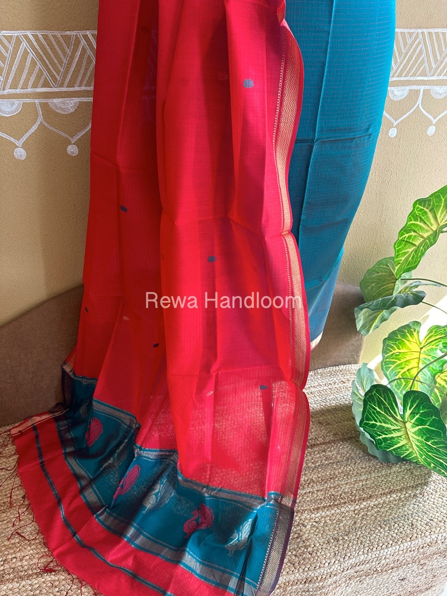 Maheshwari Rama Green-Dark Red Peacock Buta-Buti Top-Dupatta Set BTP0267