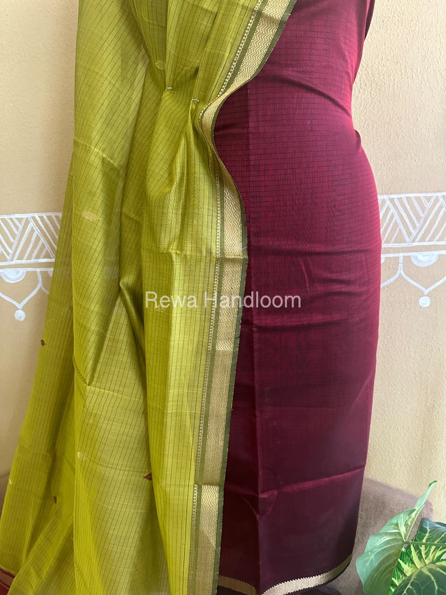Maheshwari Wine-Mustard Yellow Peacock Buta-Buti Top-Dupatta Set BTP0202
