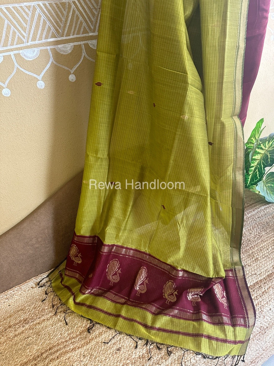 Maheshwari Wine-Mustard Yellow Peacock Buta-Buti Top-Dupatta Set BTP0202
