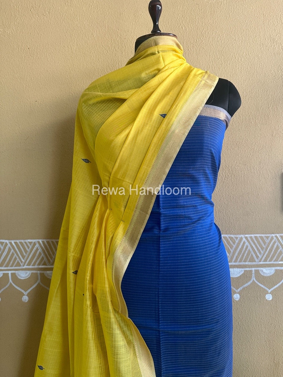 Maheshwari Royal Blue-Lemon Yellow Peacock Buta-Buti Top-Dupatta Set BTP0204