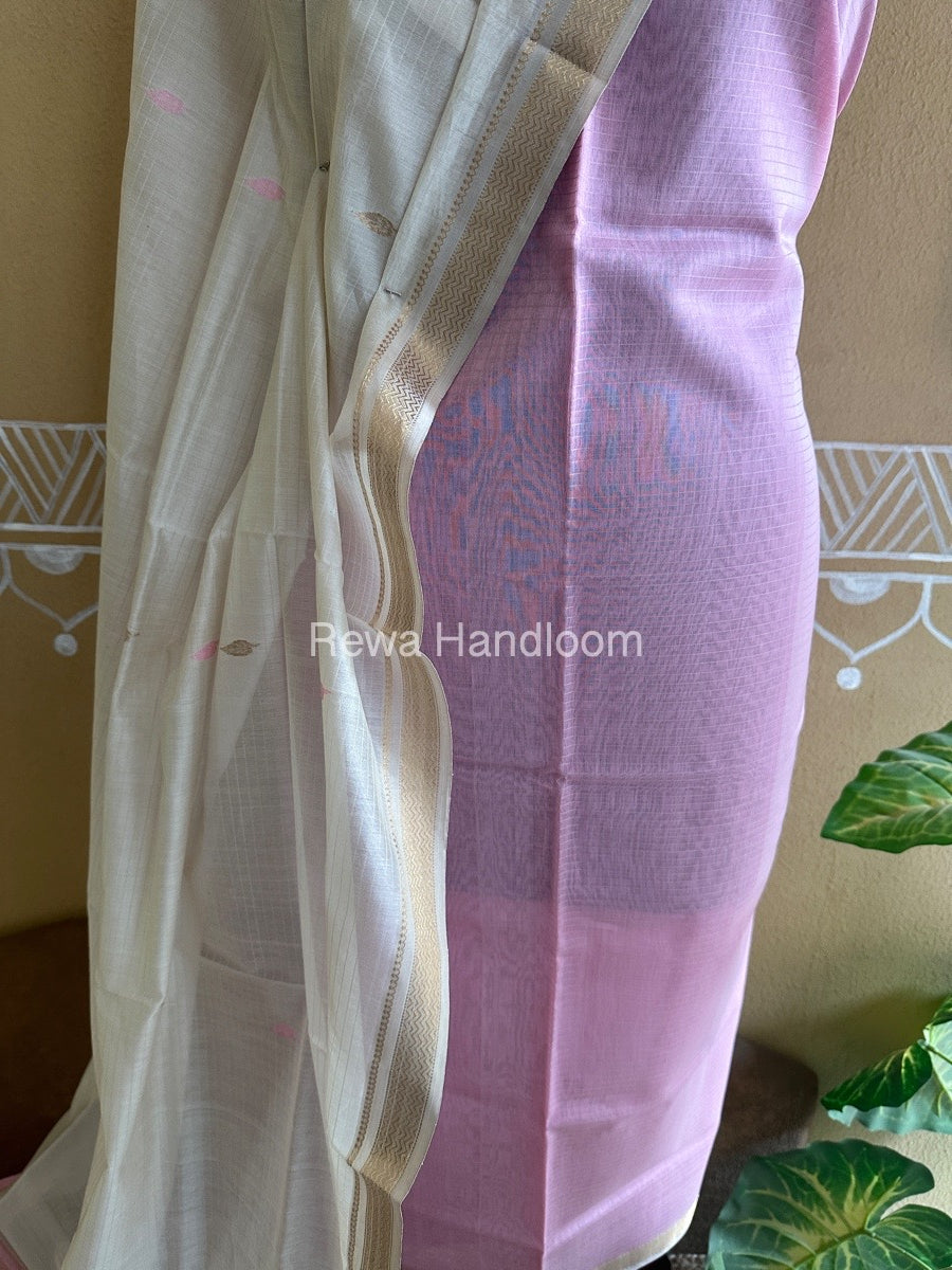 Maheshwari Baby Pink-Off White Peacock Buta-Buti Top-Dupatta Set BTP0256