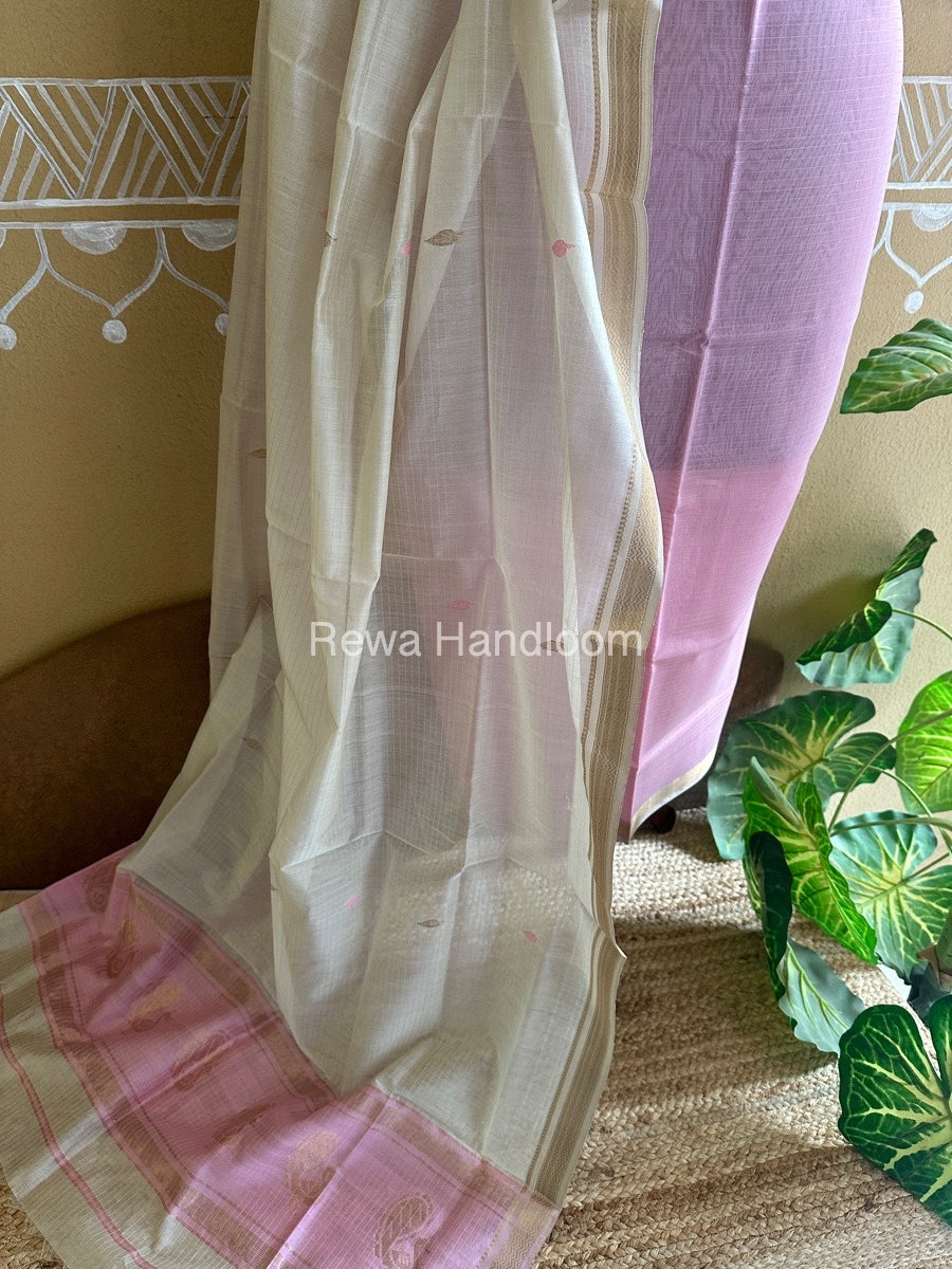 Maheshwari Baby Pink-Off White Peacock Buta-Buti Top-Dupatta Set BTP0256