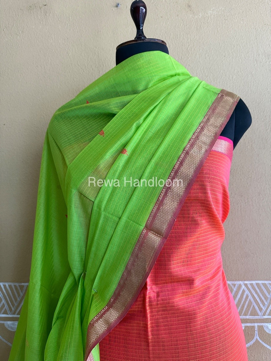 Maheshwari Orange-Parrot Green Peacock Buta-Buti Top-Dupatta Set-BTP014