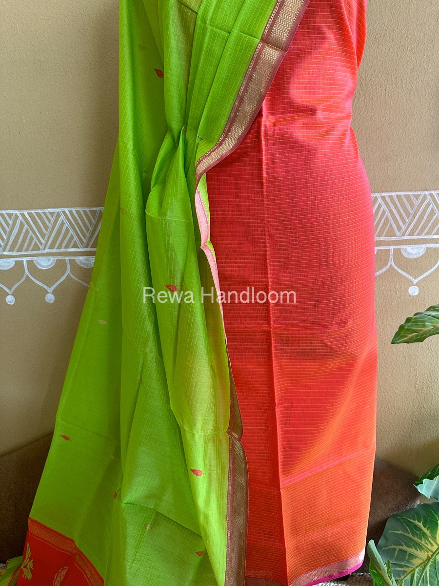 Maheshwari Orange-Parrot Green Peacock Buta-Buti Top-Dupatta Set-BTP014