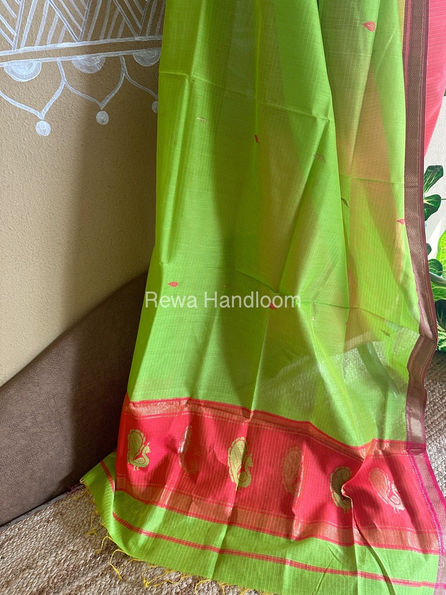 Maheshwari Orange-Parrot Green Peacock Buta-Buti Top-Dupatta Set-BTP014
